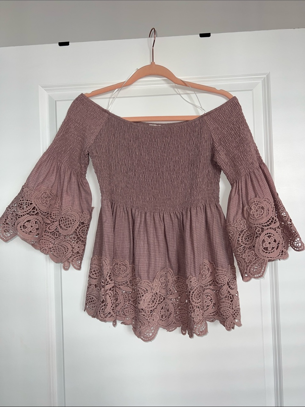 Smocked Off-Shoulder Lace Hem Tunic Top - Mauve Pink